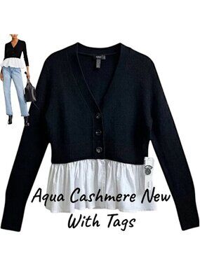 NWT AQUA Cashmere V-Neck Twofer Black White M Bloomingdale’s Best Seller